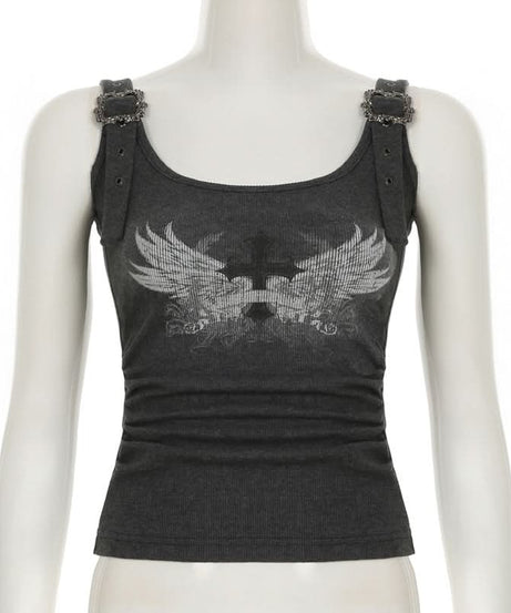Gothic Wing & Cross Buckle Ribbed Tank Top - Edgy Fall & Halloween Style