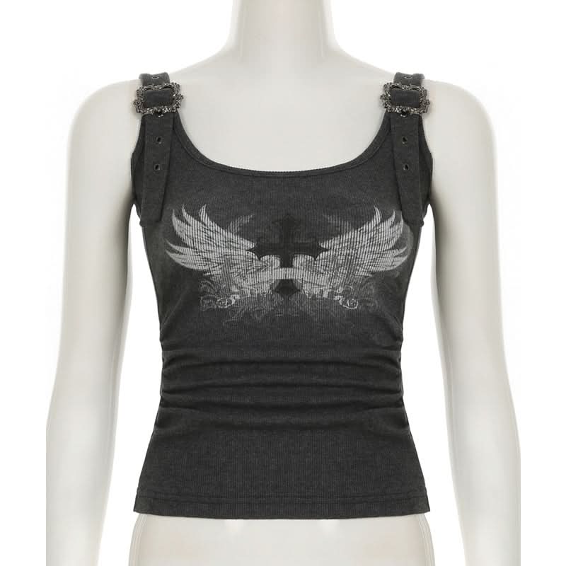 Gothic Wing & Cross Buckle Ribbed Tank Top - Edgy Fall & Halloween Style