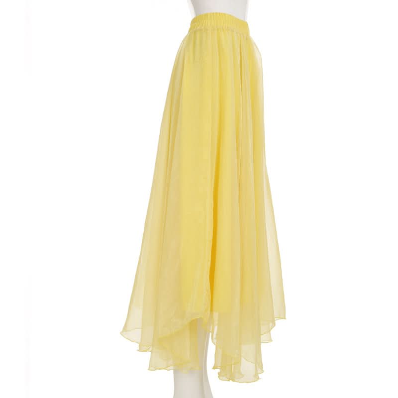 Golden Hour Glow: Effortless Yellow Chiffon Ruffle Midi Skirt – Your Versatile Fall & Resort Staple