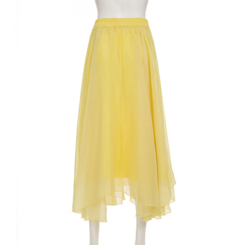 Golden Hour Glow: Effortless Yellow Chiffon Ruffle Midi Skirt – Your Versatile Fall & Resort Staple