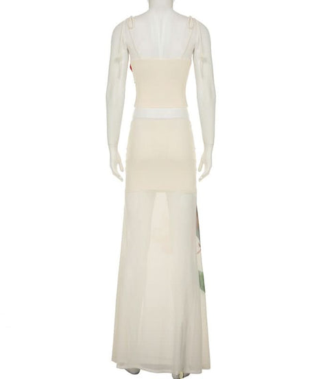 Autumn Bloom Sheer Maxi Skirt - Ruched Waist & Flowy Elegance