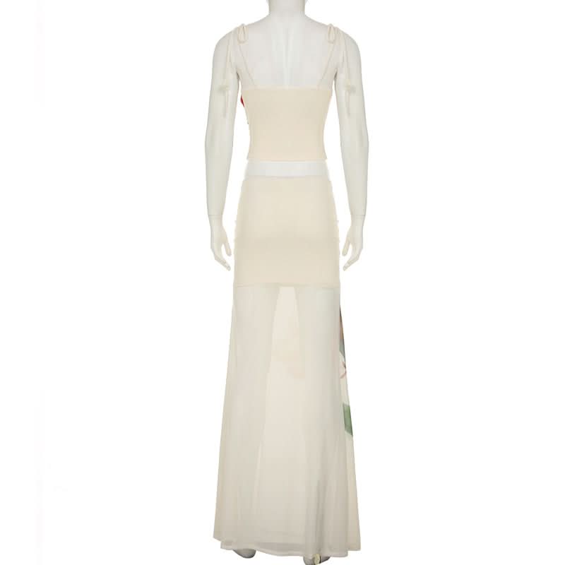 Autumn Bloom Sheer Maxi Skirt - Ruched Waist & Flowy Elegance