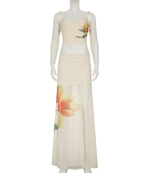 Autumn Bloom Sheer Maxi Skirt - Ruched Waist & Flowy Elegance