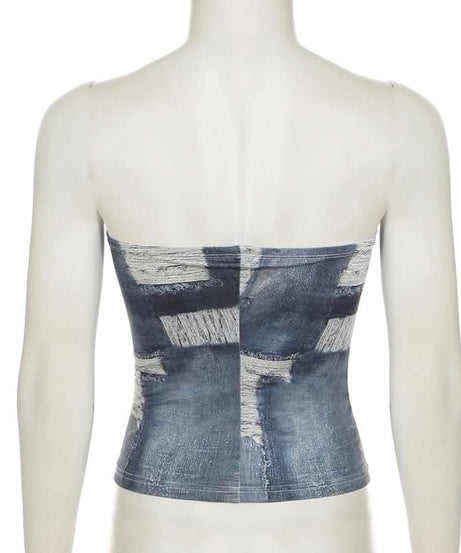 Edgy Distressed Denim Print Tube Top | Y2K Strapless Style for Fall Layering