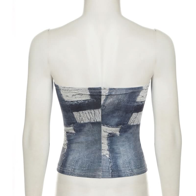 Edgy Distressed Denim Print Tube Top | Y2K Strapless Style for Fall Layering