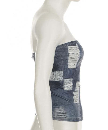 Edgy Distressed Denim Print Tube Top | Y2K Strapless Style for Fall Layering