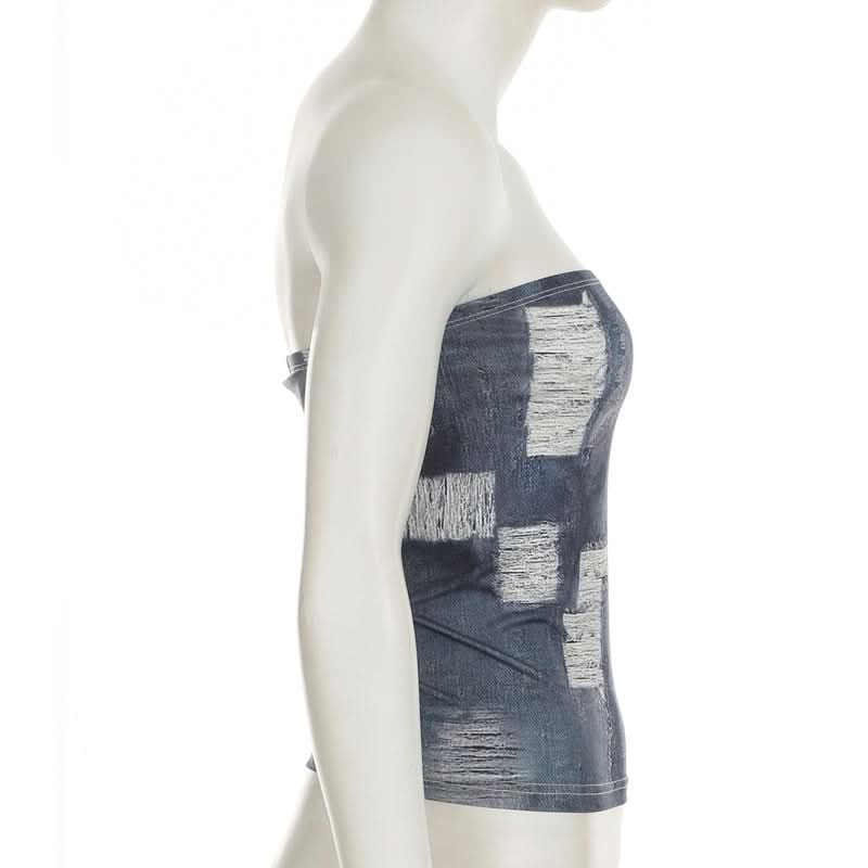 Edgy Distressed Denim Print Tube Top | Y2K Strapless Style for Fall Layering