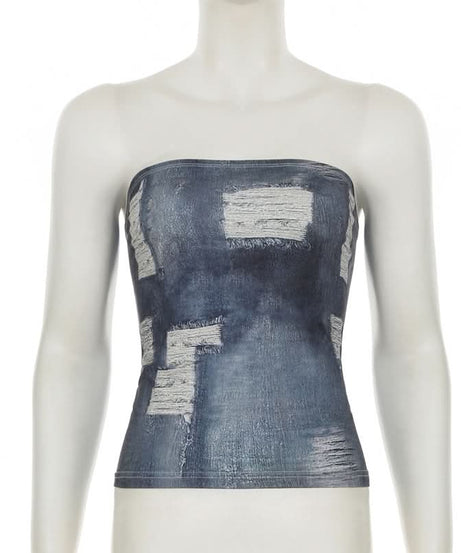 Edgy Distressed Denim Print Tube Top | Y2K Strapless Style for Fall Layering