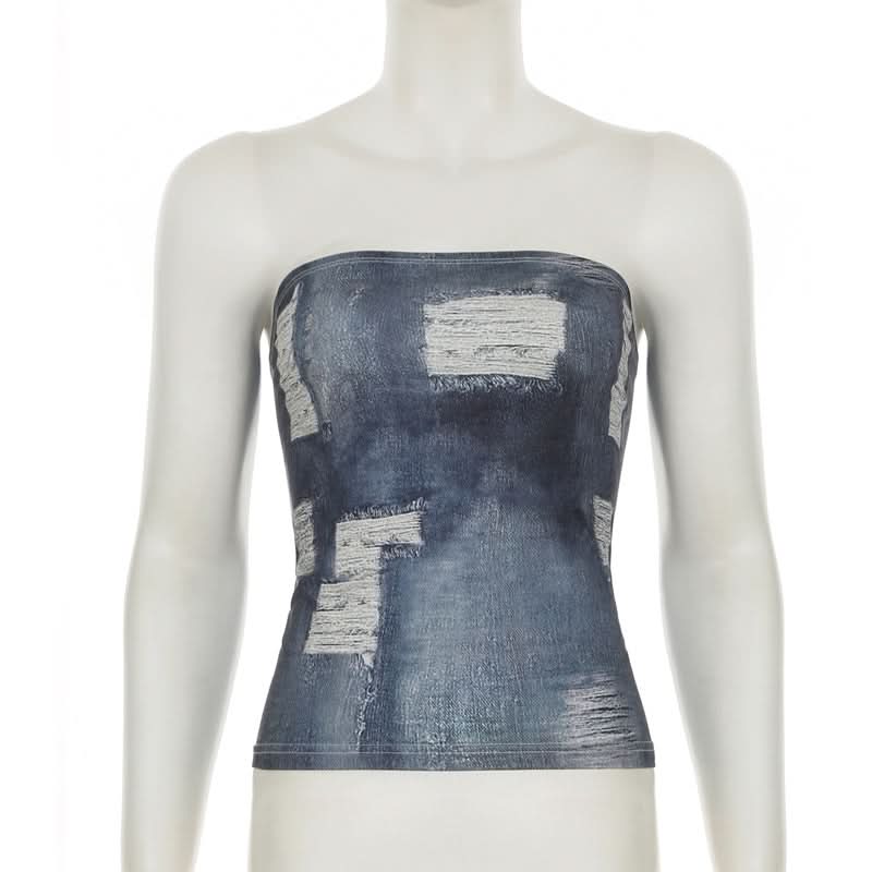 Edgy Distressed Denim Print Tube Top | Y2K Strapless Style for Fall Layering