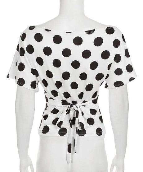 Retro Chic Polka Dot Off-Shoulder Wrap Top - Flattering Tie-Waist Blouse for Fall & Beyond