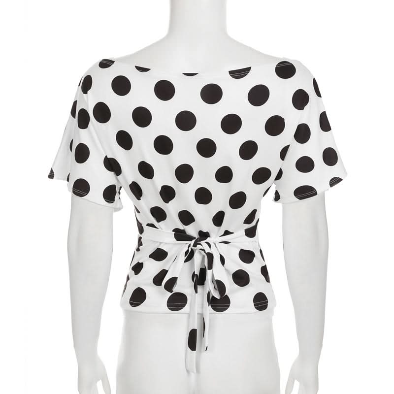 Retro Chic Polka Dot Off-Shoulder Wrap Top - Flattering Tie-Waist Blouse for Fall & Beyond