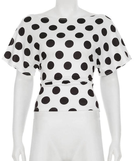 Retro Chic Polka Dot Off-Shoulder Wrap Top - Flattering Tie-Waist Blouse for Fall & Beyond