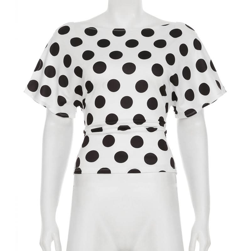Retro Chic Polka Dot Off-Shoulder Wrap Top - Flattering Tie-Waist Blouse for Fall & Beyond