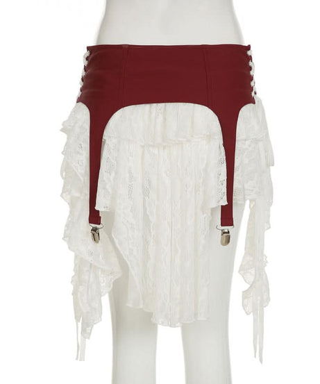 Burgundy Garter Strap & Ruffled Lace Mini Skirt - Edgy Fall Fashion Statement