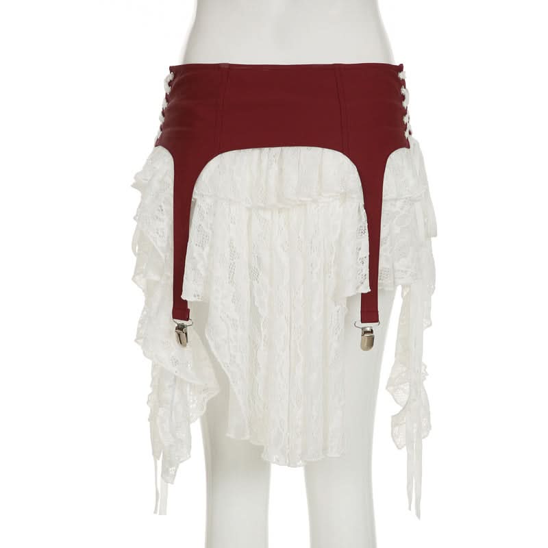 Burgundy Garter Strap & Ruffled Lace Mini Skirt - Edgy Fall Fashion Statement