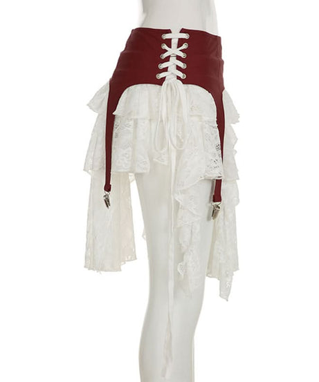 Burgundy Garter Strap & Ruffled Lace Mini Skirt - Edgy Fall Fashion Statement