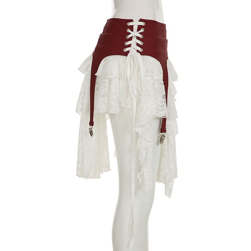 Burgundy Garter Strap & Ruffled Lace Mini Skirt - Edgy Fall Fashion Statement