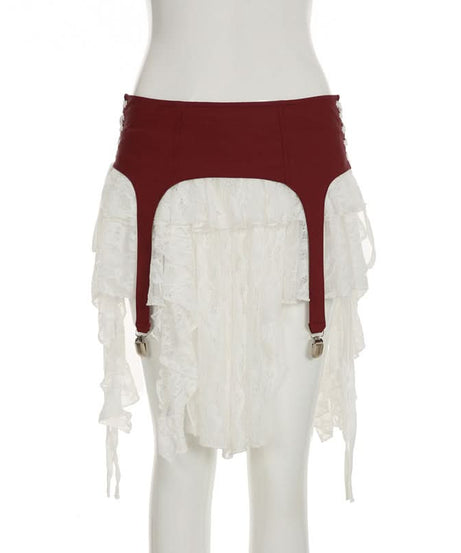Burgundy Garter Strap & Ruffled Lace Mini Skirt - Edgy Fall Fashion Statement
