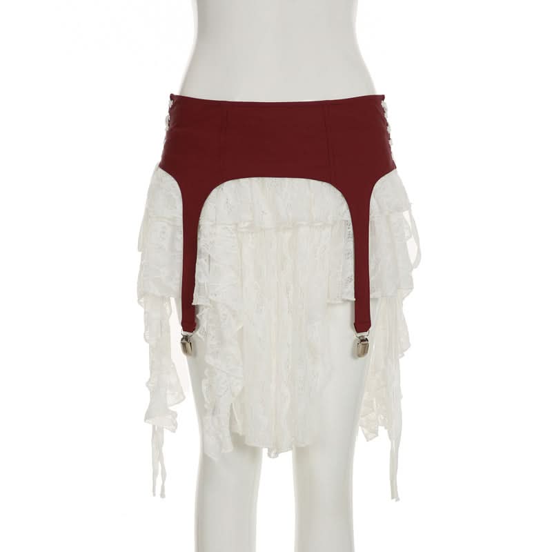 Burgundy Garter Strap & Ruffled Lace Mini Skirt - Edgy Fall Fashion Statement