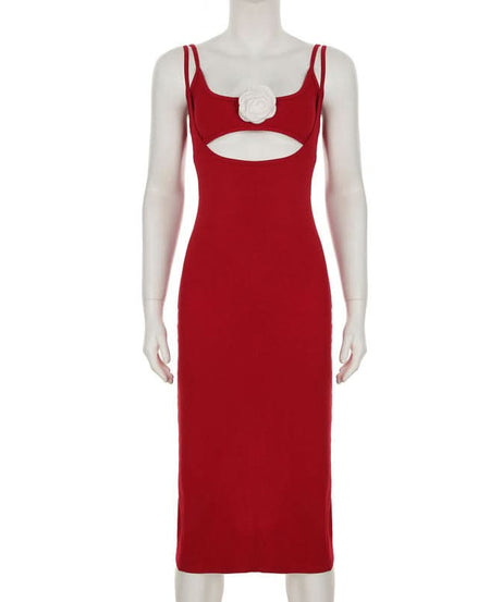 Statement Ruby Red Rose Cutout Midi Dress - Your Fall & Holiday Event Essential