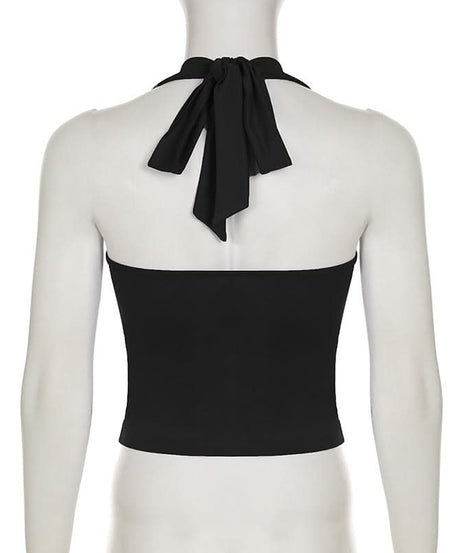 Chic Black Halter Tie-Back Top with Scalloped Lace - Perfect for Fall Nights & Vacations