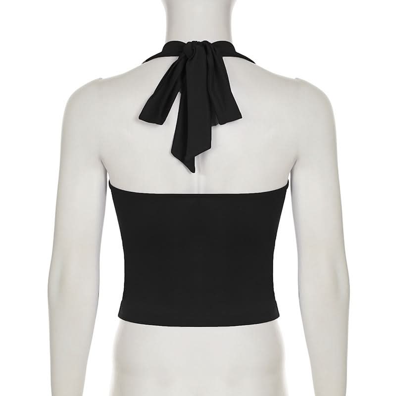 Chic Black Halter Tie-Back Top with Scalloped Lace - Perfect for Fall Nights & Vacations