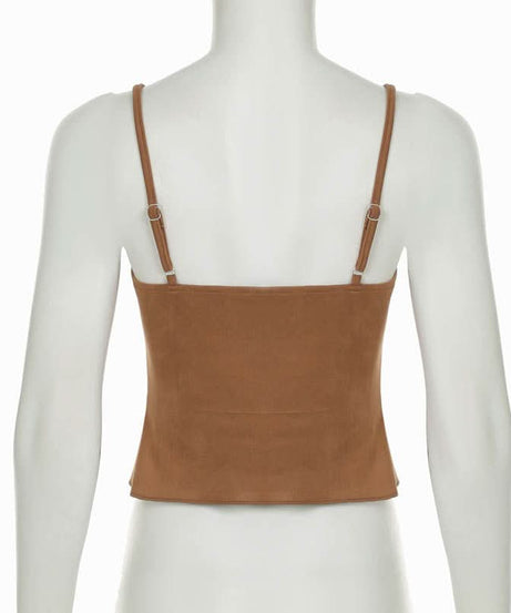 Autumn Allure: Heart Ring Cut-Out Cami Top - Chic V-Neck Slit for Fall