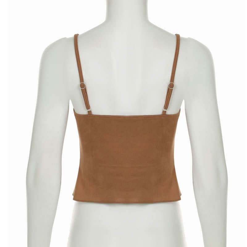 Autumn Allure: Heart Ring Cut-Out Cami Top - Chic V-Neck Slit for Fall