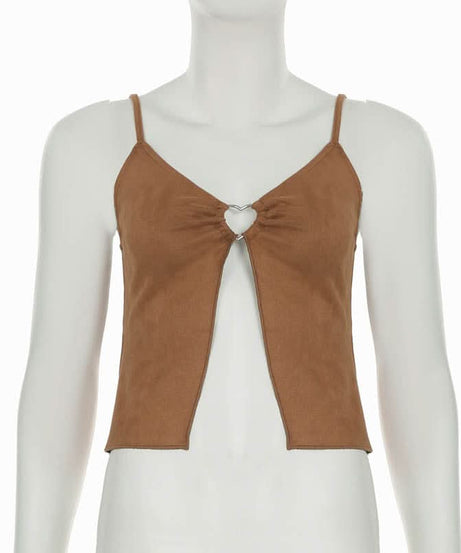 Autumn Allure: Heart Ring Cut-Out Cami Top - Chic V-Neck Slit for Fall