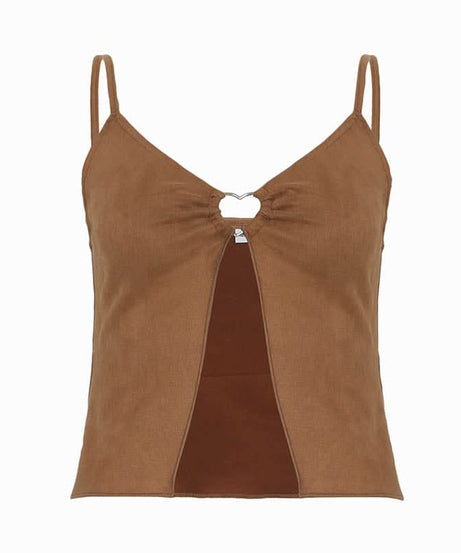 Autumn Allure: Heart Ring Cut-Out Cami Top - Chic V-Neck Slit for Fall
