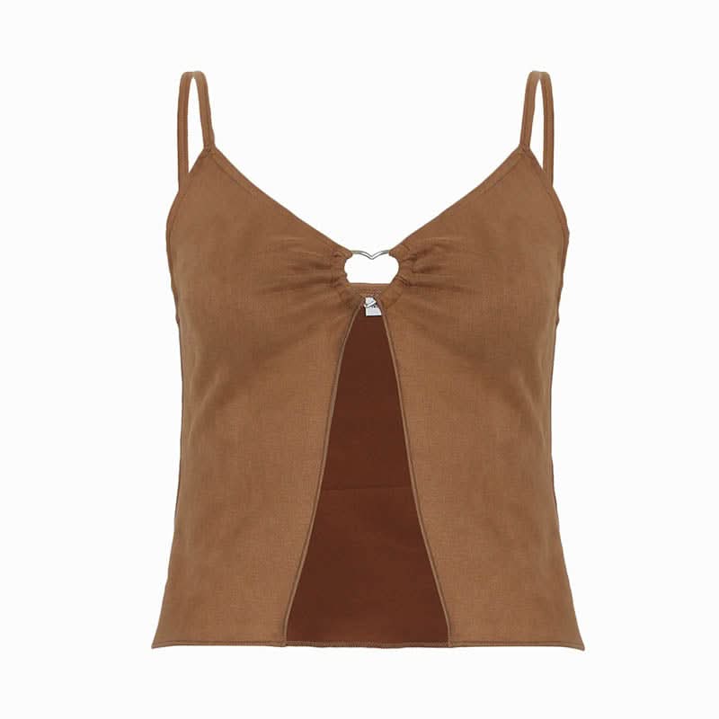 Autumn Allure: Heart Ring Cut-Out Cami Top - Chic V-Neck Slit for Fall
