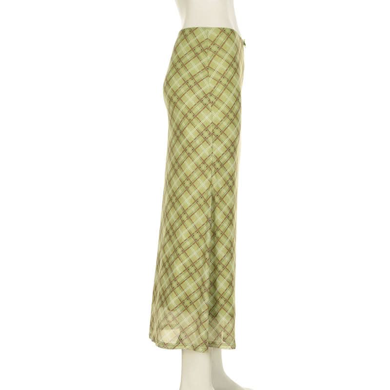 Fall Chic Sage Green Plaid Midi Skirt | Mesh & Subtle Bow Detail