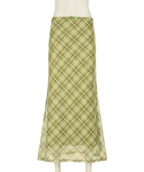 Fall Chic Sage Green Plaid Midi Skirt | Mesh & Subtle Bow Detail
