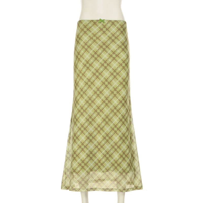 Fall Chic Sage Green Plaid Midi Skirt | Mesh & Subtle Bow Detail