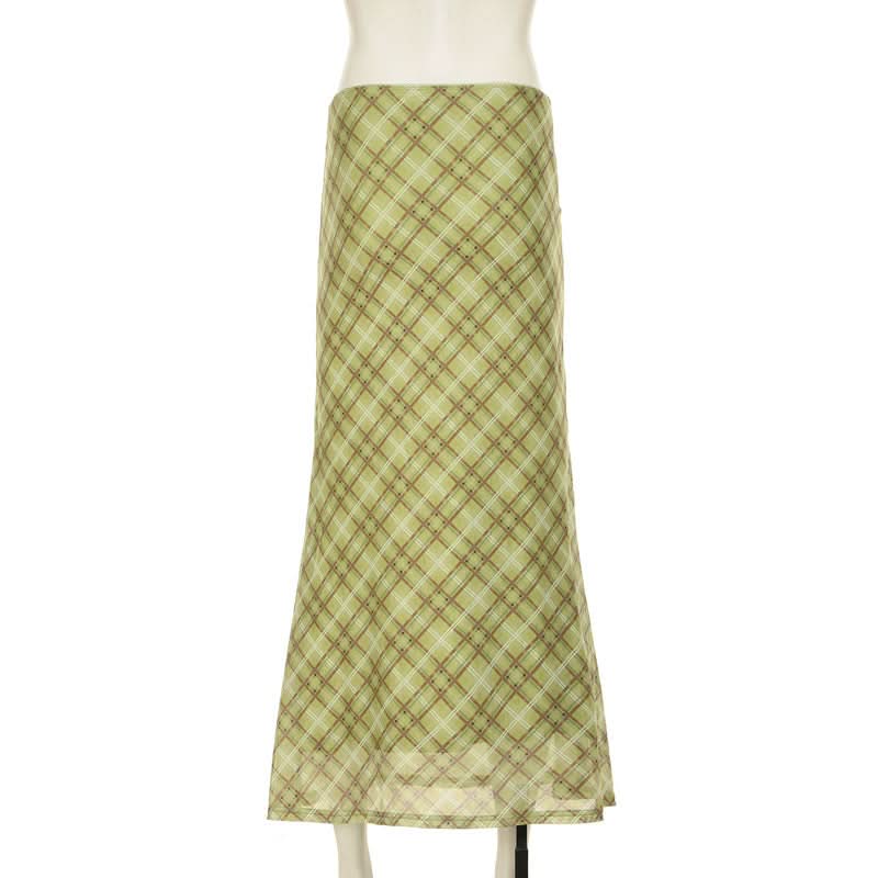 Fall Chic Sage Green Plaid Midi Skirt | Mesh & Subtle Bow Detail