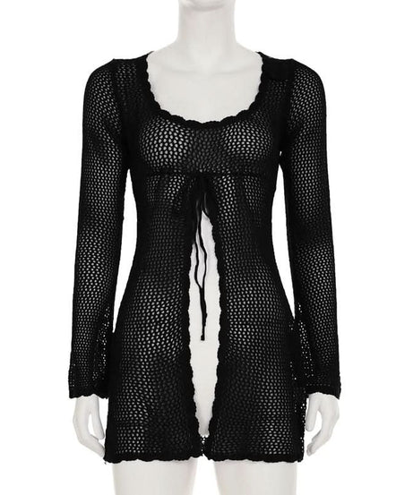 Y2K Chic Mesh Tie-Front Long Sleeve Top - Effortless Fall Layering & Festival Style