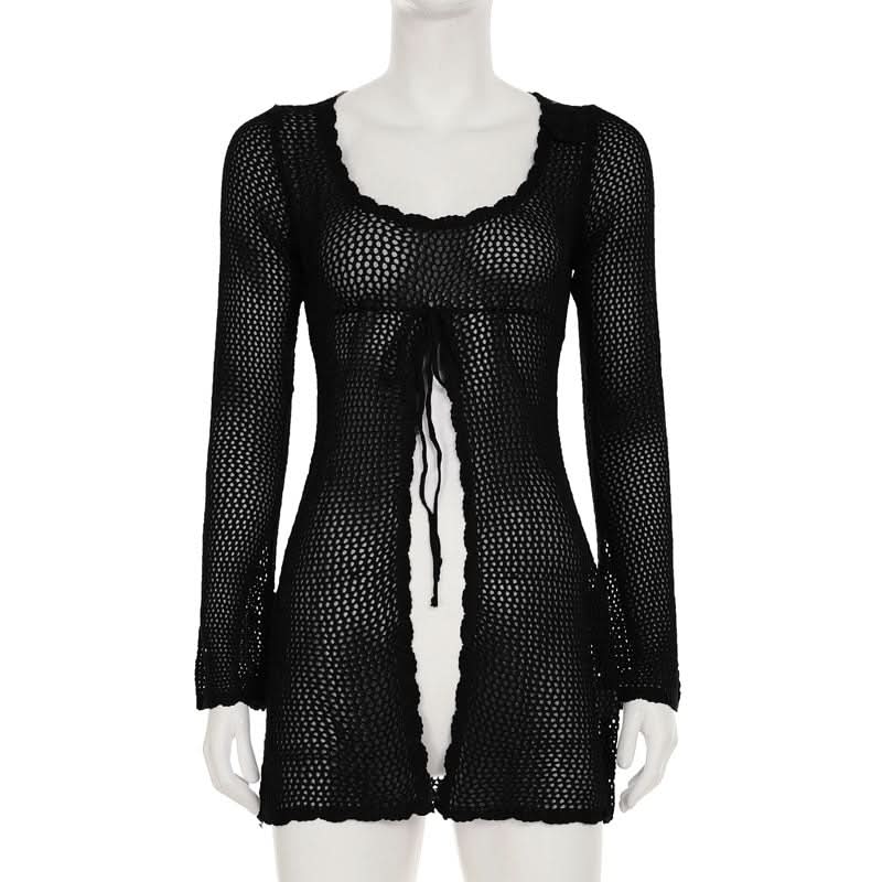 Y2K Chic Mesh Tie-Front Long Sleeve Top - Effortless Fall Layering & Festival Style
