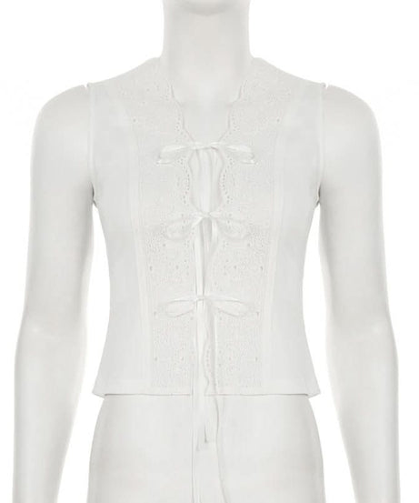 Romantic Eyelet Lace Tie-Front Sleeveless Blouse - Your Essential Fall Layering Piece