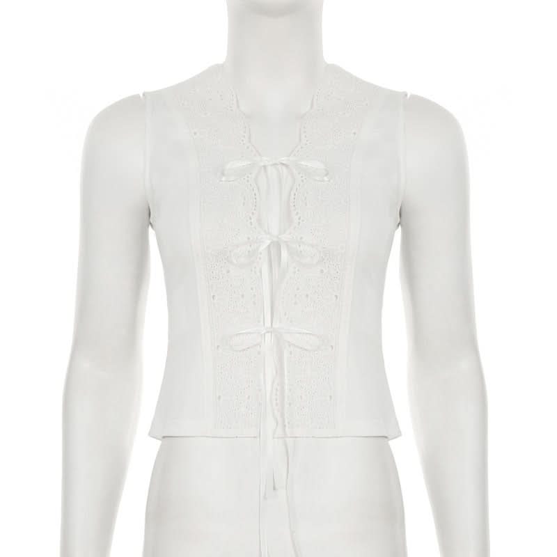 Romantic Eyelet Lace Tie-Front Sleeveless Blouse - Your Essential Fall Layering Piece