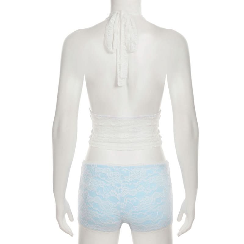 Cozy Chic: Delicate Lace Halter Bralette & Boy Shorts Set for Fall Nights In