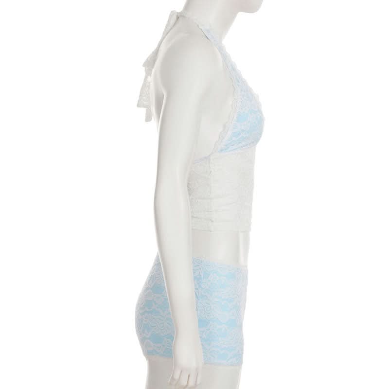 Cozy Chic: Delicate Lace Halter Bralette & Boy Shorts Set for Fall Nights In