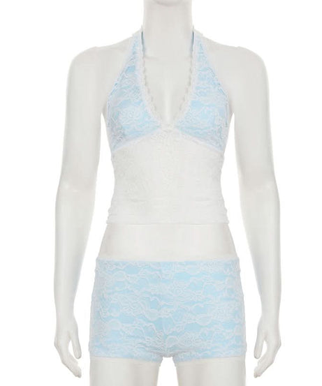 Cozy Chic: Delicate Lace Halter Bralette & Boy Shorts Set for Fall Nights In