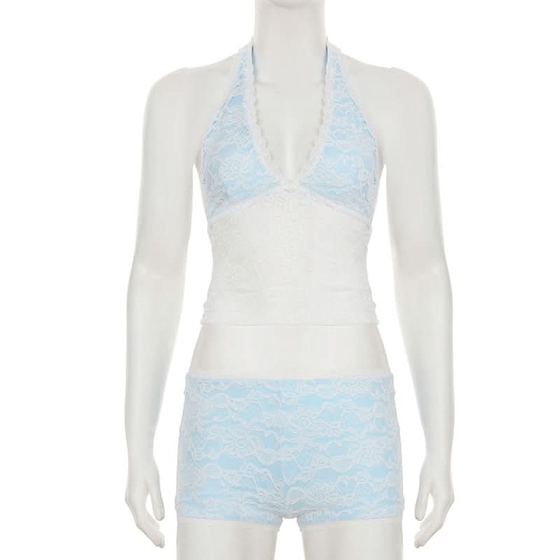 Cozy Chic: Delicate Lace Halter Bralette & Boy Shorts Set for Fall Nights In