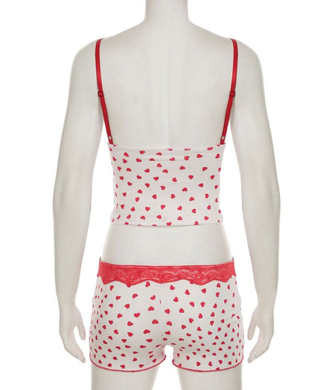 Cozy Sweetheart Heart Print Cami & Shorts Pajama Set | Dreamy Lace Loungewear for Fall Nights