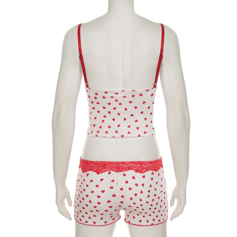 Cozy Sweetheart Heart Print Cami & Shorts Pajama Set | Dreamy Lace Loungewear for Fall Nights