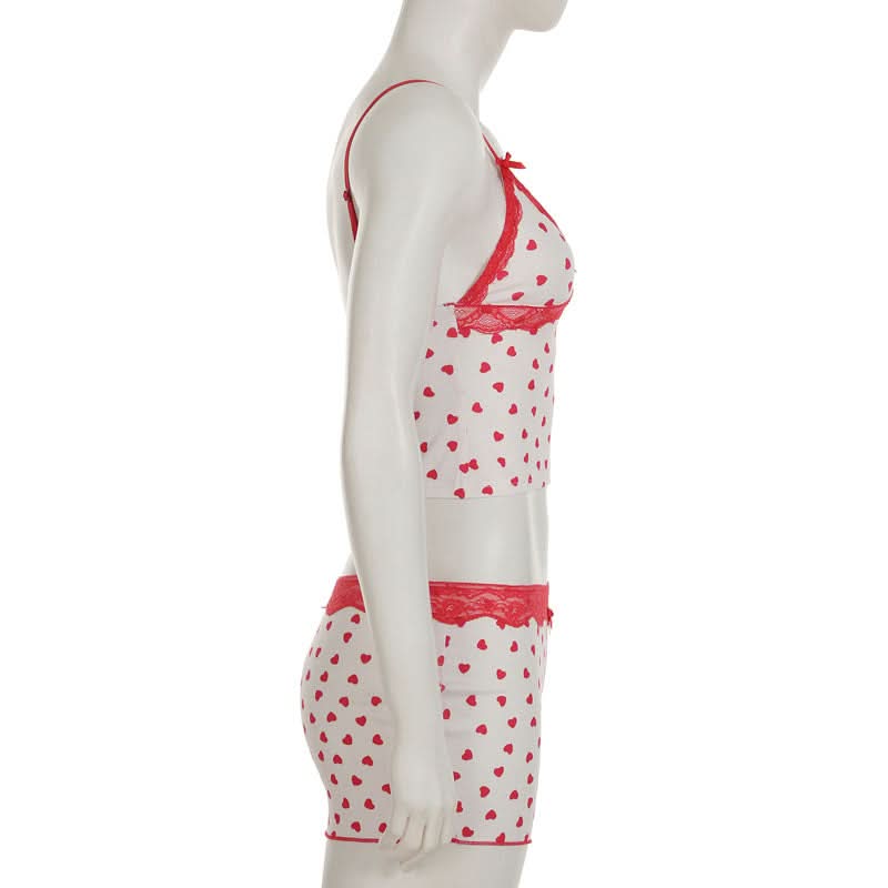 Cozy Sweetheart Heart Print Cami & Shorts Pajama Set | Dreamy Lace Loungewear for Fall Nights