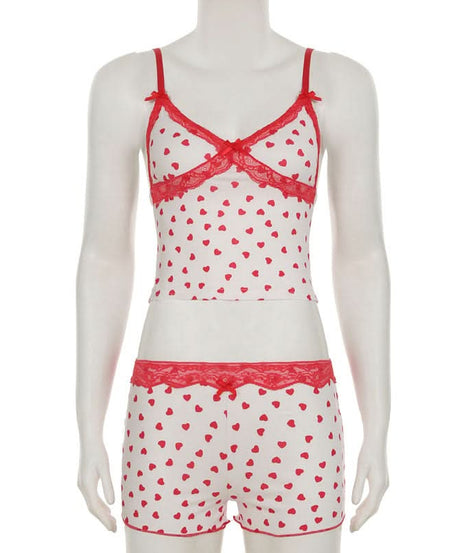 Cozy Sweetheart Heart Print Cami & Shorts Pajama Set | Dreamy Lace Loungewear for Fall Nights