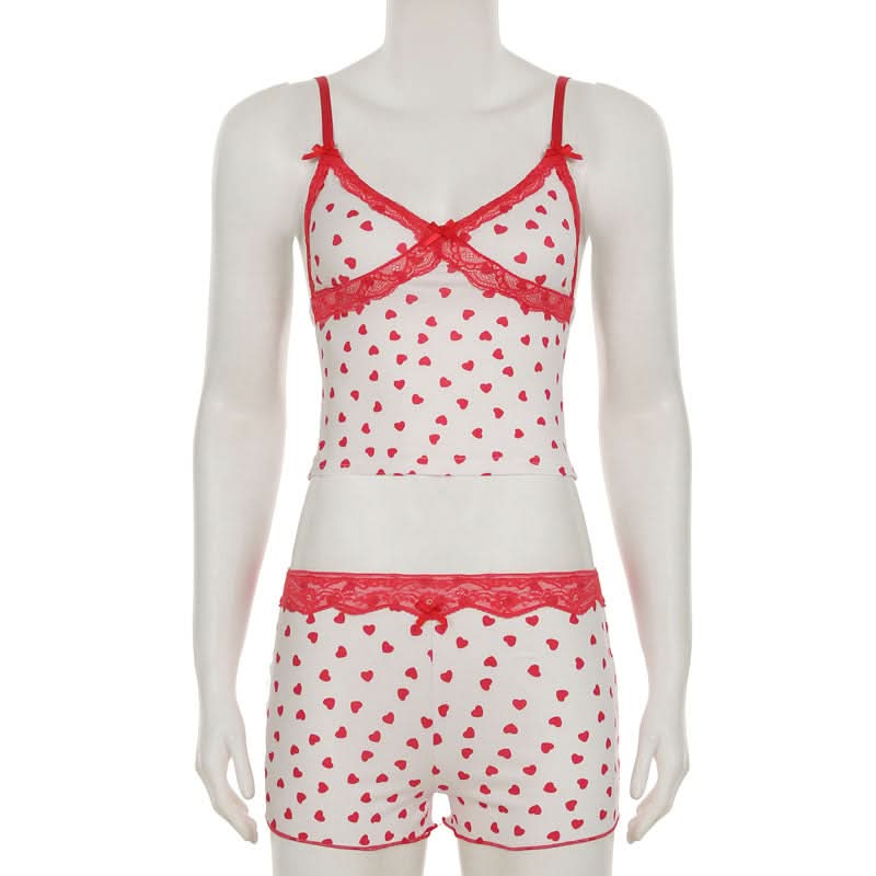 Cozy Sweetheart Heart Print Cami & Shorts Pajama Set | Dreamy Lace Loungewear for Fall Nights