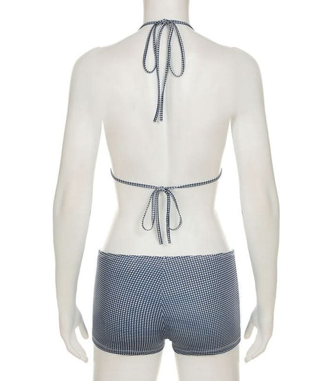 Chic Gingham Halter Bikini & Boxer Shorts Set – Perfect for Fall Getaways & Luxe Lounging