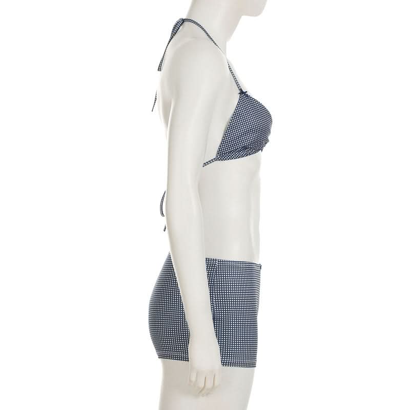 Chic Gingham Halter Bikini & Boxer Shorts Set – Perfect for Fall Getaways & Luxe Lounging